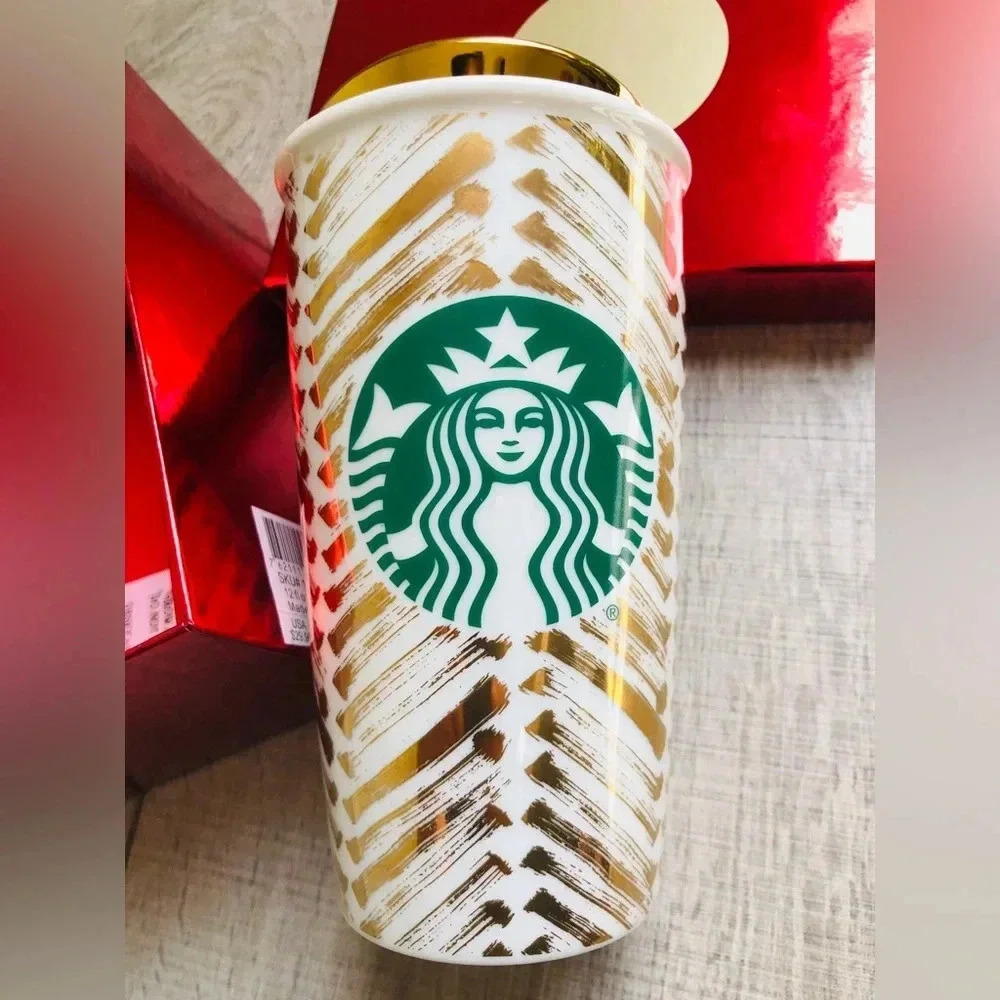 Starbucks Tumbler New with Tags Gold Chevron Ceramic 2015 Christmas Release